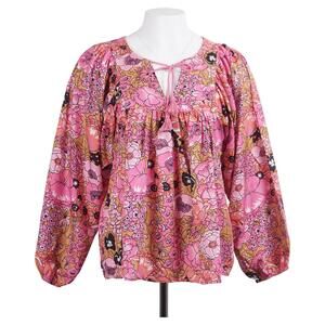 BLUE BOHEME Women Top O/S Pink Floral Print Retro Hippie Long Sleeve Tie Neck